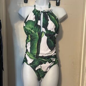 Green Leaf Print Halter One-Piece Swimsuit